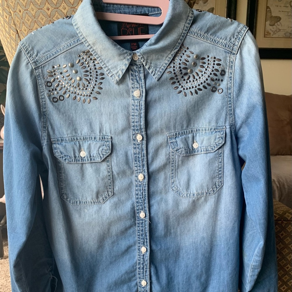 French Blue Modern Cowgirl Western Blouse Embroidered SZ Petite M Long Sleeves